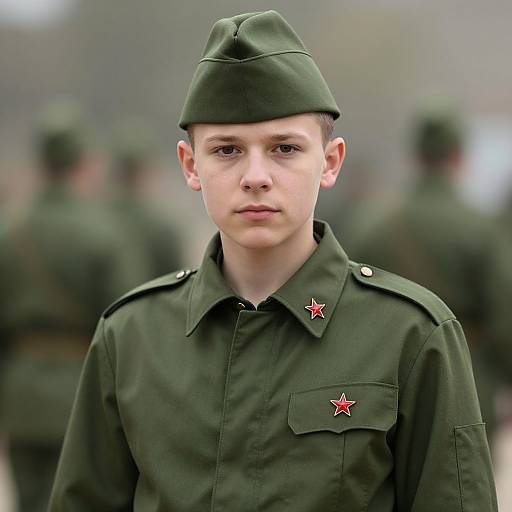 Photograph of a young boy in a green military-style uniform with red stars, wearing a matching green hat, standing in front of blurred soldiers in the