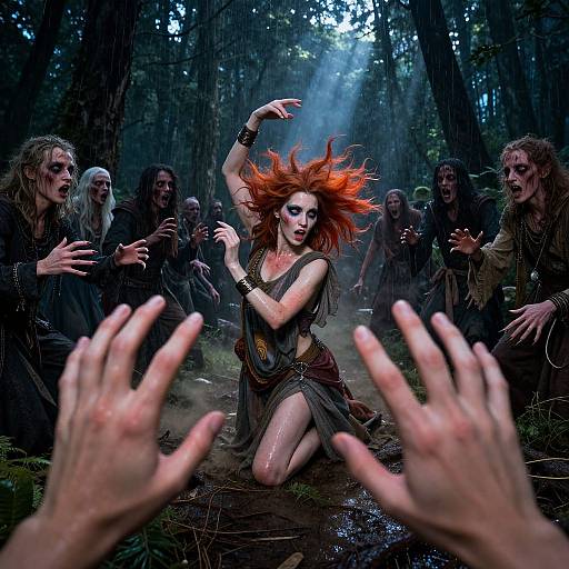 Photorealistic digital artwork of a fierce red-haired witch with wild hair and dark dress, surrounded by creepy forest spirits with raised hands. Moody forest setting