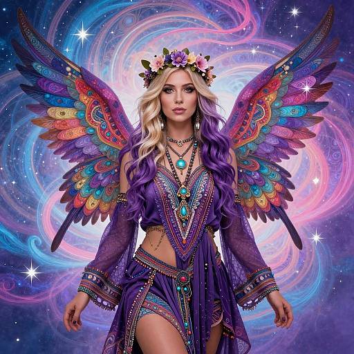 Digital art of a blonde woman with vibrant, rainbow-colored wings, wearing a purple, beaded, bohemian outfit and flower crown, against a