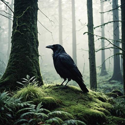 Raven Perched on Mossy Forest Floor