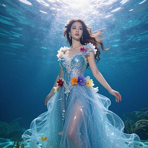Photograph of a fair-skinned woman with long brown hair, wearing a shimmering, transparent blue dress adorned with colorful flower garlands, underwater with