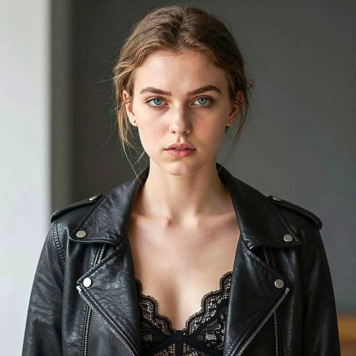 Young Woman in Black Leather Jacket and Lace Bra