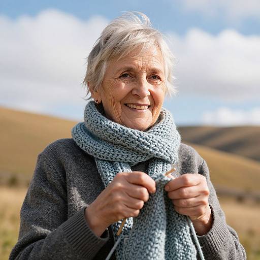 Photograph of an elderly woman with short gray hair, smiling, wearing a gray sweater and light blue knitted scarf, holding it close, standing in