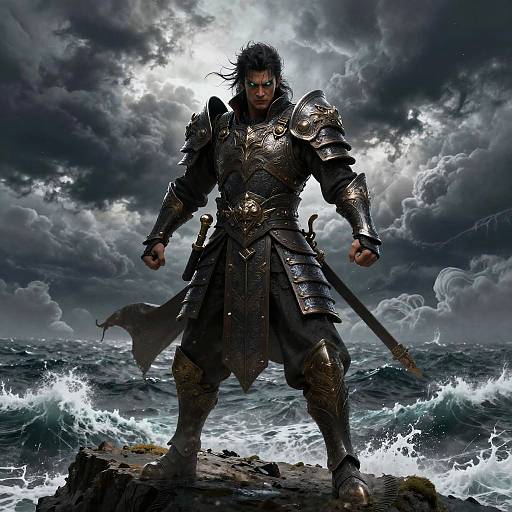 Digital art: Muscular, dark-haired warrior in ornate, metallic armor stands defiantly on rocky shore, ocean waves crashing, stormy sky overhead