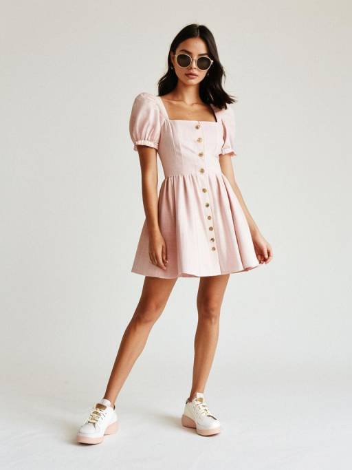Woman in Pastel Pink A-Line Dress with Sunglasses