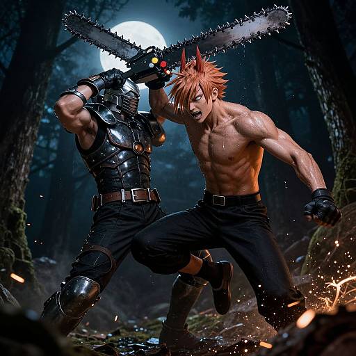 Digital anime-style artwork of a shirtless, muscular, red-haired man with spiky hair, wielding a chainsaw against a armored figure in a dark