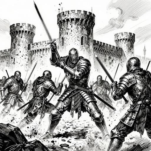 Black and white digital drawing of armored warriors with swords attacking a castle. Dynamic, intense, chaotic battle scene with detailed textures and dramatic shading.