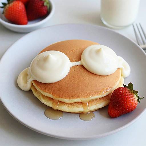 Photograph of a white plate with two fluffy pancakes topped with two generous dollops of whipped cream, a strawberry, and syrup, against a blurred background