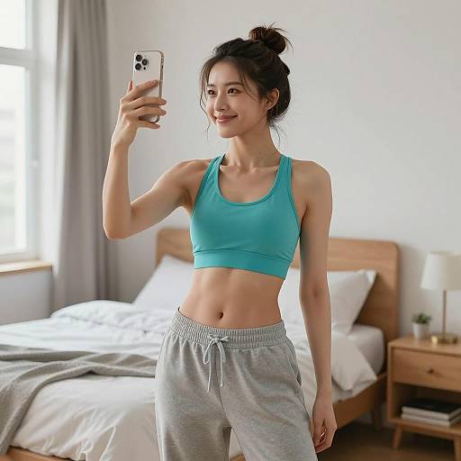 Fit Woman's Playful Fitness Selfie in Bedroom