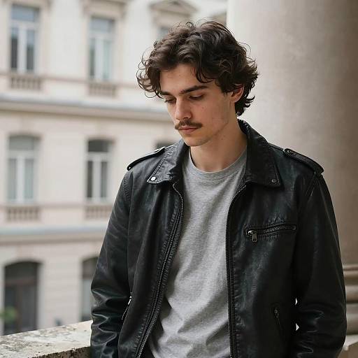 Young Man in Black Leather Jacket