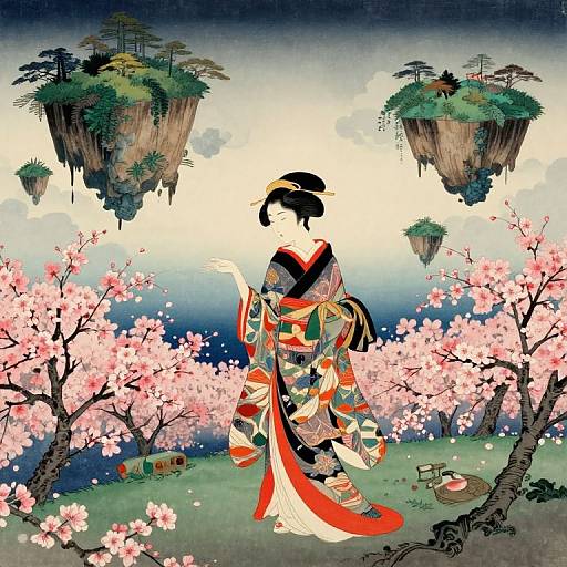 Elegant Japanese woman in colorful kimono, standing amid cherry blossoms, gazes at floating islands in a dreamy, surreal landscape. Digital art