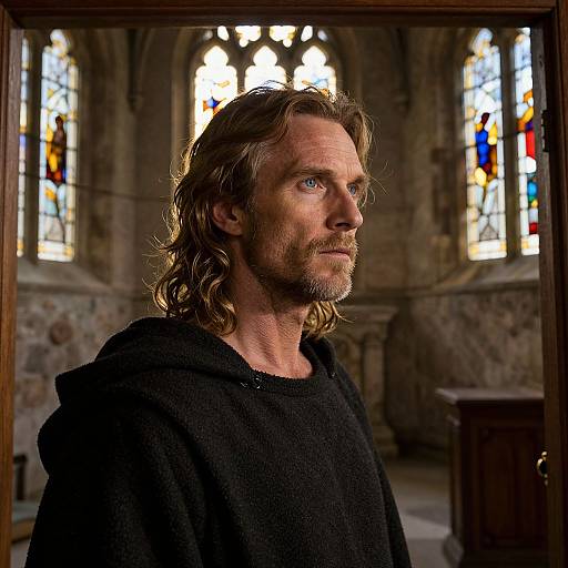 Photograph of a bearded, long-haired man with blue eyes wearing a black hooded garment, standing in a dimly lit, stone-walled