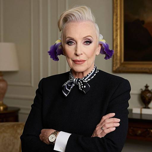 Photograph of an elegant elderly woman with short, platinum blonde hair, wearing a black top, white cuffs, purple flower earrings, and a black-and