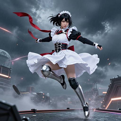 Digital art of a fierce anime-style maid in a white dress and black armor, kicking mid-air with a red ribbon, in a stormy, war