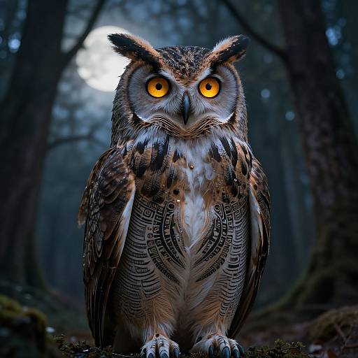 Photorealistic digital image of a large, detailed owl with vibrant orange eyes, standing in a dark, misty forest at night.