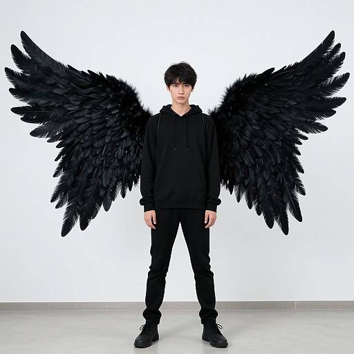Photograph of a young man with black feathered wings, black hoodie, pants, and shoes, standing against a plain white background.