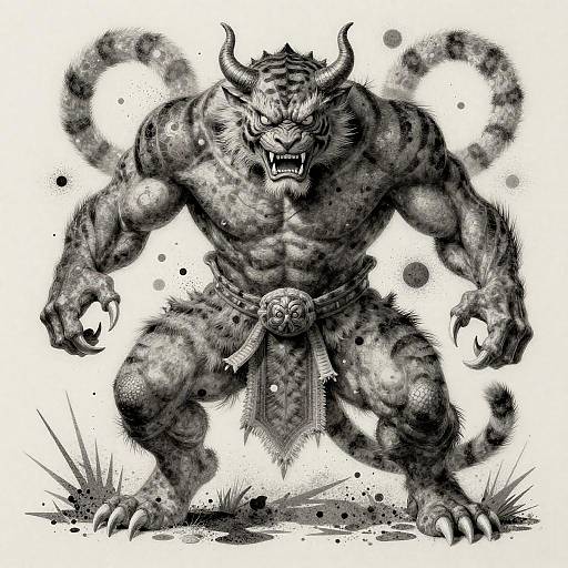 Black-and-white digital drawing of a muscular, horned, tiger-like monster with sharp claws, roaring, wearing a tribal belt, standing on grass.