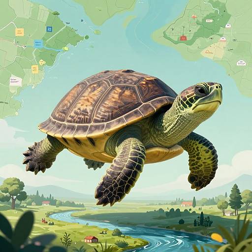 Digital illustration of a detailed, brown-and-green turtle flying above a vibrant, sunny countryside with a river, houses, and map overlays.