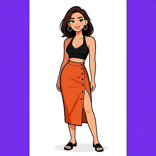 Digital drawing of a smiling woman with short brown hair, wearing a black crop top, orange buttoned skirt with side slit, and black sandals, against