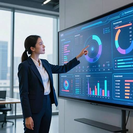 Photograph of a professional woman in a black suit, white shirt, and ponytail, pointing at a colorful data analytics dashboard on a large wall-mounted