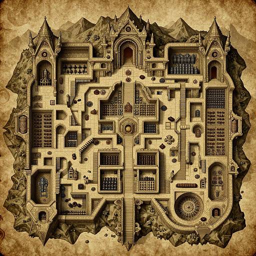 Detailed, digital, medieval-style castle map with intricate architecture, ornate towers, arched windows, and pathways, set against a weathered parchment background