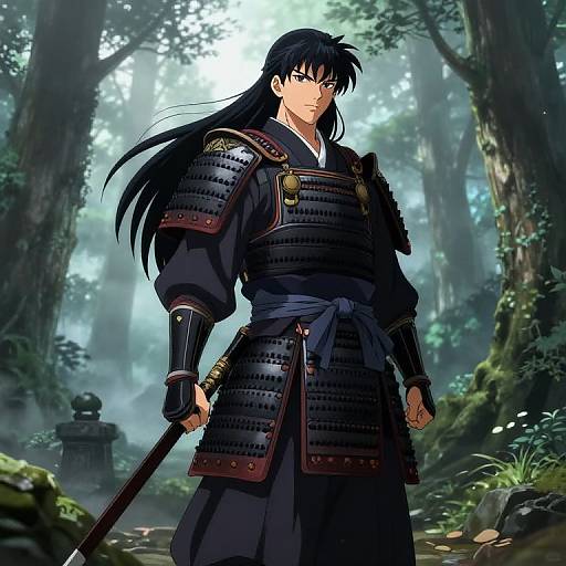 Anime-style digital drawing of a serious, long-haired samurai in black armor and hakama, standing in a misty forest with sunlight filtering through trees