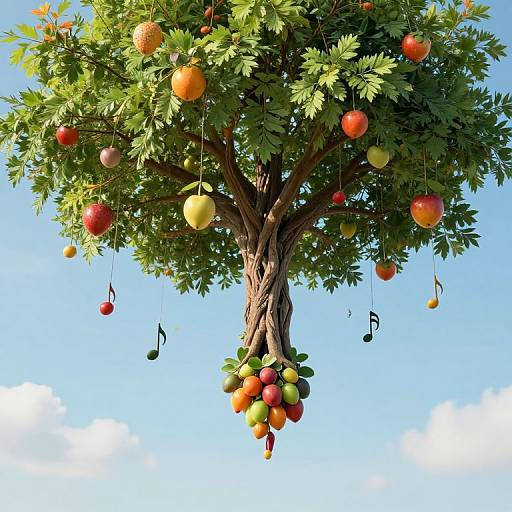 Digital illustration of a lush tree with red, yellow, and green apples, hanging musical notes, and a clear blue sky background.