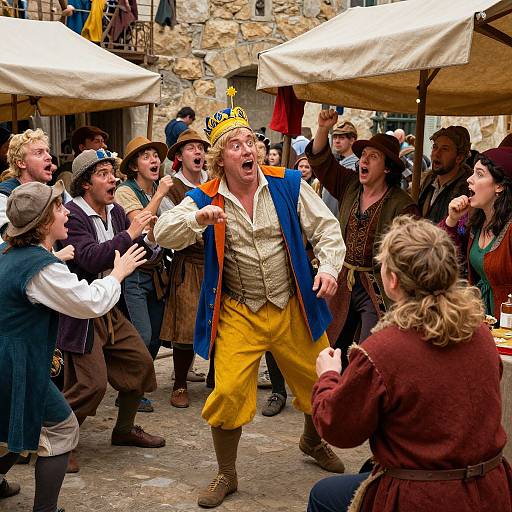 Colorful Renaissance fair scene: a man in yellow pants, blue and orange vest, and a crown leads a cheering crowd under market stalls. Photograph.