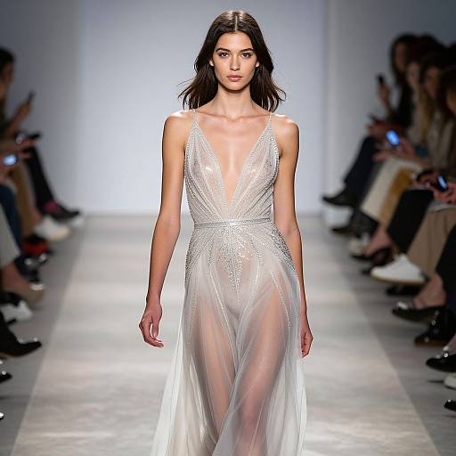 Photograph of a dark-haired model in a deep V-neck, sheer, white gown with sparkling embellishments, walking down a brightly lit runway with seated