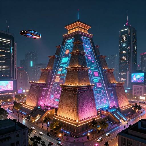 Neon-lit futuristic pyramid building in a bustling, cyberpunk cityscape at night, with flying car and glowing skyscrapers in the background.