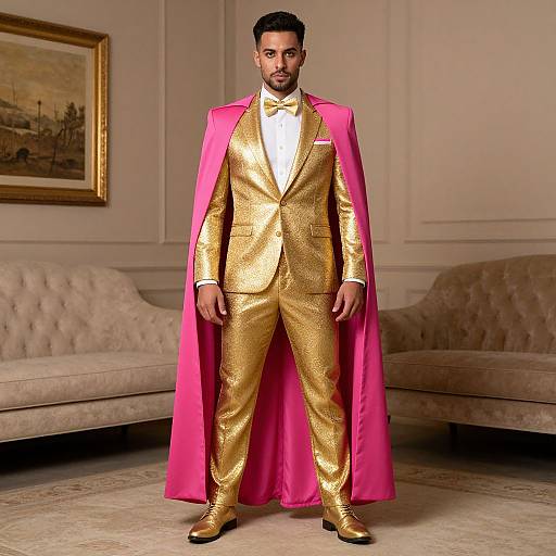 Photograph of a man with short black hair and beard, wearing a gold sequin suit, pink cape, white shirt, and black shoes, standing
