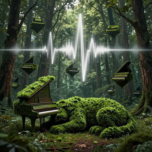 Digital fantasy artwork: Moss-covered grand piano in enchanted forest, surrounded by floating, glowing, music-note shapes, illuminated by vertical light streaks.