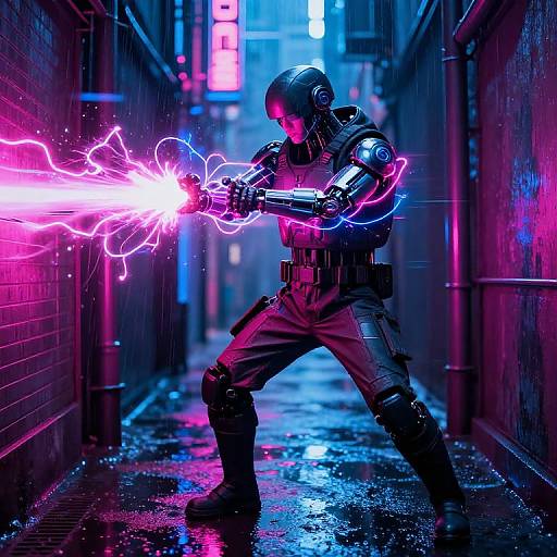 Cybernetic warrior in a neon-lit, rain-soaked alley, firing a glowing pink energy blast. Digital art with vibrant blue and pink