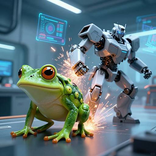 CGI image of a green frog with large orange eyes, being struck by sparks from a white, robotic mech in a futuristic, neon-lit lab