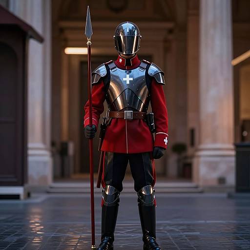 Photorealistic CGI of a knight in shiny silver armor, red coat, and black pants, holding a spear, standing in a grand, dimly