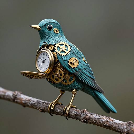 Photograph of a blue bird with gold gears and a clock on its body, perched on a branch, against a blurred green background. Steamp