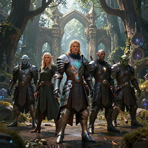 Digital fantasy artwork of four armored warriors, including a blonde woman and three masked figures, standing in a mystical forest with ancient, archway structures.