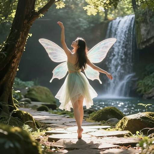 Photograph of a fairy with translucent wings, flowing green dress, and dark hair, dancing under sunlight beside a cascading waterfall in a lush forest.