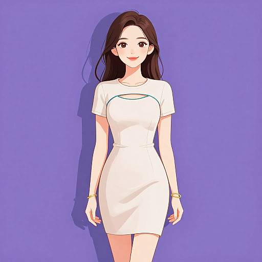 Digital anime-style drawing of a smiling young woman with long brown hair, wearing a tight white dress, against a solid purple background. She has gold bracelets