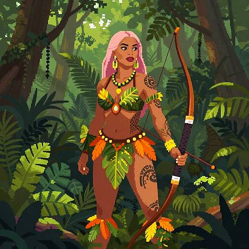 Athletic Woman in Tropical Tribal Pixel Art