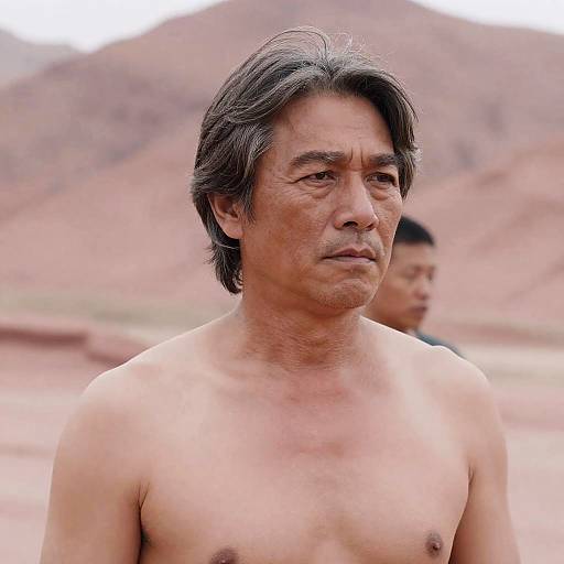 Serious Shirtless Man in Desert Landscape