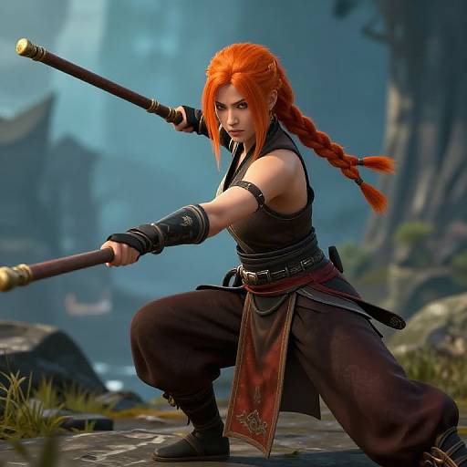 Digital art of a fierce red-haired warrior woman with braided hair, holding a staff, crouching in a misty forest. Wearing black