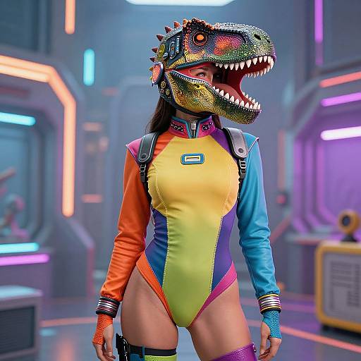 Digital artwork of a woman in a colorful, long-sleeve leotard with a dinosaur head mask in a neon-lit sci-fi room.