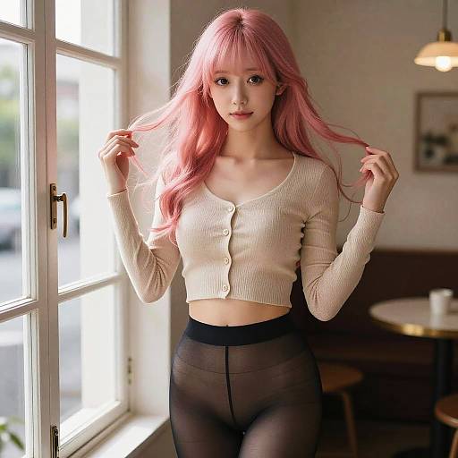 Young Woman with Pink Hair in Cafe
