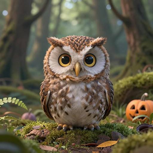 Cute Small Owl in Spooky Forest