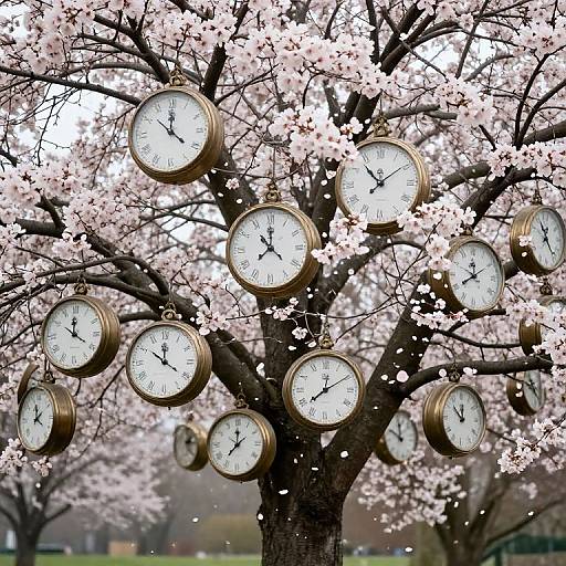 Photograph of a cherry blossom tree adorned with multiple round clocks, each showing different times, amidst pink blossoms and falling petals.