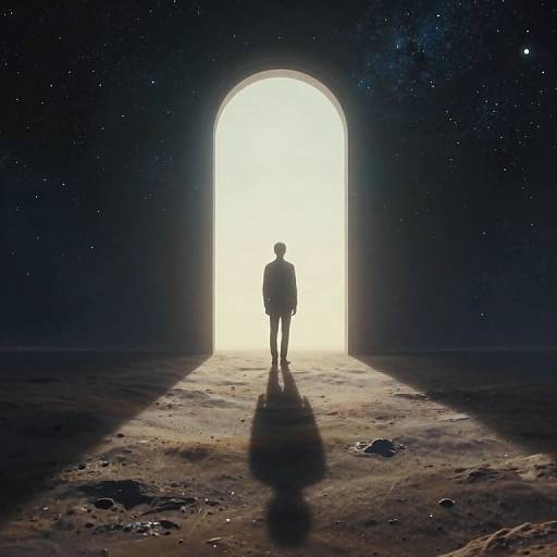 Digital art of a silhouetted figure standing in front of a bright, arched doorway, casting a long shadow on a starry, rocky