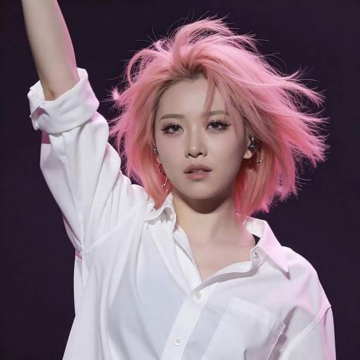 Woman with Disheveled Pink Hair Raising Arm
