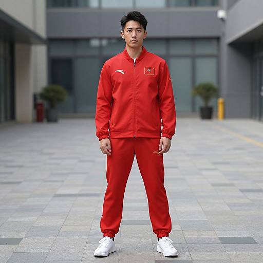 Photograph of an Asian man with short black hair, wearing a bright red Puma tracksuit and white sneakers, standing on a modern, tiled urban