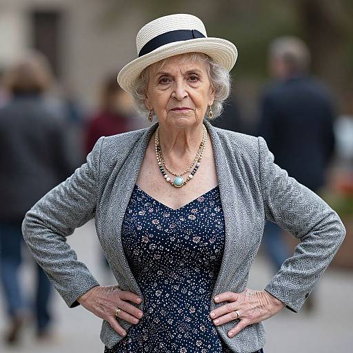 Photograph of an elderly woman with gray hair, wearing a white hat, gray blazer, and blue floral dress, hands on hips, outdoors.